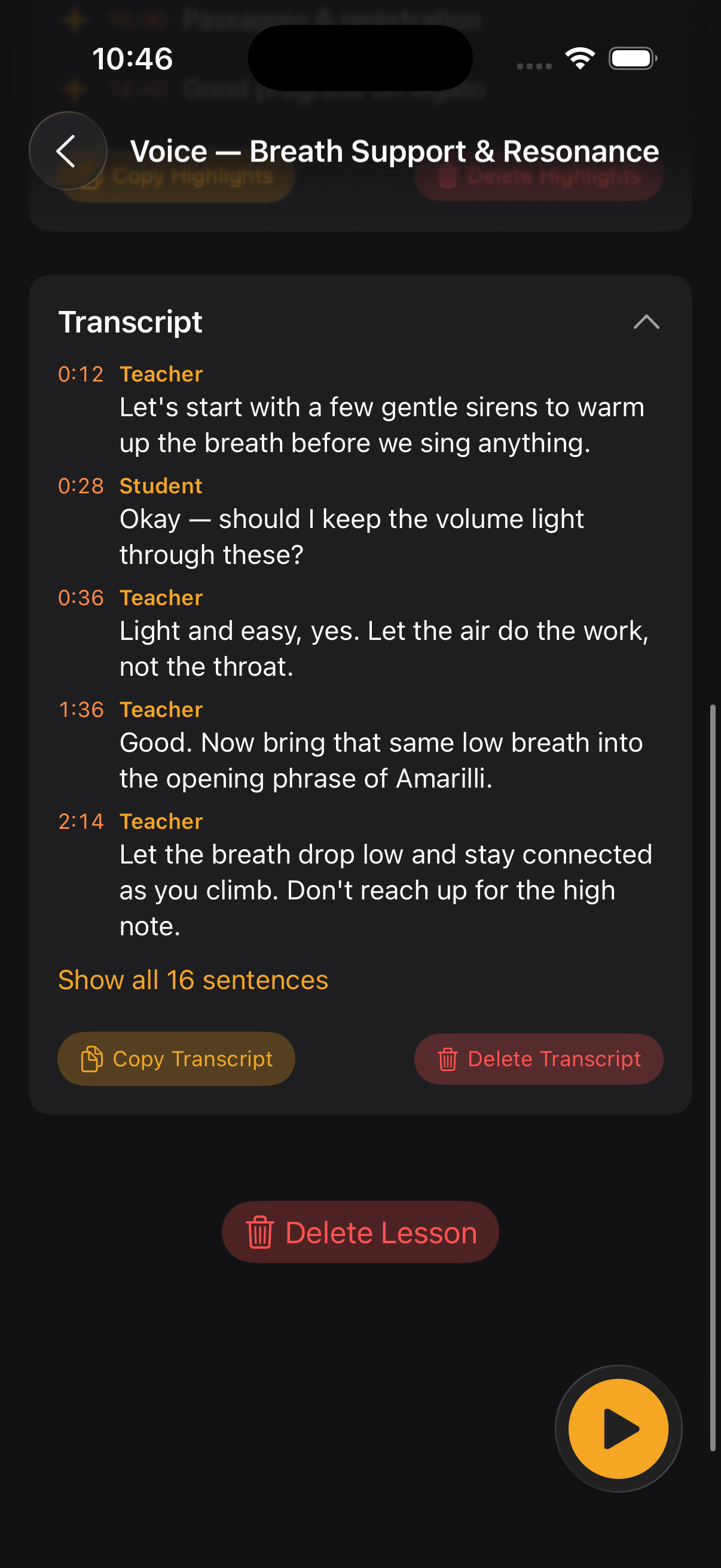 A speaker-labeled lesson transcript in Lesson Recorder